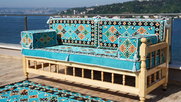 Outdoor Furniture, Wooden Bench Sofa Sets, Turquoise Floor Cushions, Arabic Seating Jalsah, Traditional Wooden Bench, Garden Sofa Set, Arabic Sofa, Yemeni Majlis Set
