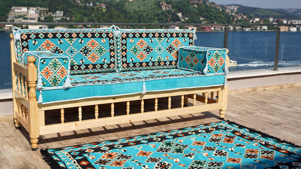 Outdoor Furniture, Wooden Bench Sofa Sets, Turquoise Floor Cushions, Arabic Seating Jalsah, Traditional Wooden Bench, Garden Sofa Set, Arabic Sofa, Yemeni Majlis Set