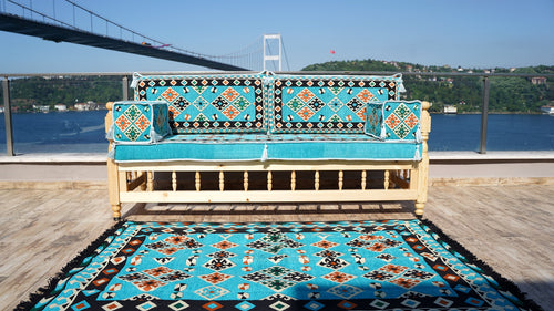 Outdoor Furniture, Wooden Bench Sofa Sets, Turquoise Floor Cushions, Arabic Seating Jalsah, Traditional Wooden Bench, Garden Sofa Set, Arabic Sofa, Yemeni Majlis Set