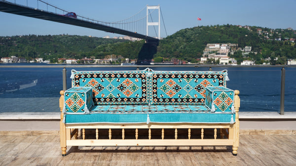 Outdoor Furniture, Wooden Bench Sofa Sets, Turquoise Floor Cushions, Arabic Seating Jalsah, Traditional Wooden Bench, Garden Sofa Set, Arabic Sofa, Yemeni Majlis Set