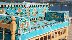 Outdoor Furniture, Wooden Bench Sofa Sets, Turquoise Floor Cushions, Arabic Seating Jalsah, Traditional Wooden Bench, Garden Sofa Set, Arabic Sofa, Yemeni Majlis Set