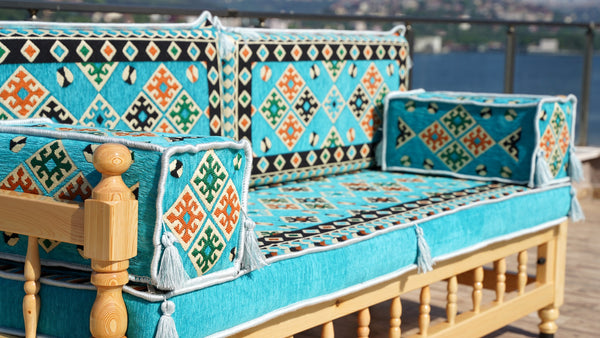 Outdoor Furniture, Wooden Bench Sofa Sets, Turquoise Floor Cushions, Arabic Seating Jalsah, Traditional Wooden Bench, Garden Sofa Set, Arabic Sofa, Yemeni Majlis Set
