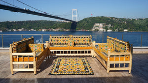 Yellow Traditional Wooden Bench Sofa Sets, Outdoor Furniture, Arabic Seating Jalsah, Corner Sofa Set, Bohemian Furniture, Arabic Jalsah, Floor Cushion Set