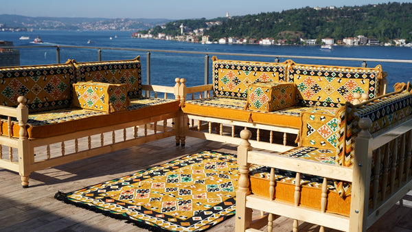 Yellow Traditional Wooden Bench Sofa Sets, Outdoor Furniture, Arabic Seating Jalsah, Corner Sofa Set, Bohemian Furniture, Arabic Jalsah, Floor Cushion Set