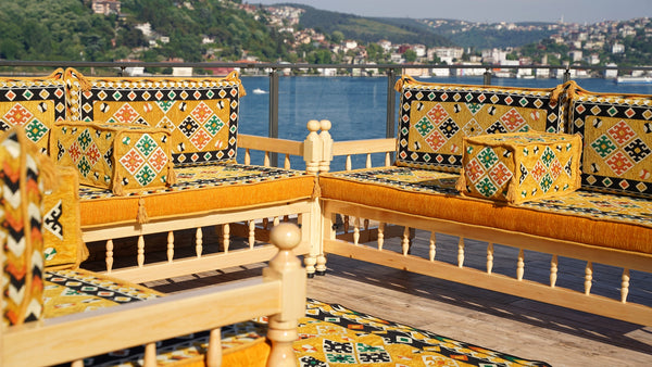 Yellow Traditional Wooden Bench Sofa Sets, Outdoor Furniture, Arabic Seating Jalsah, Corner Sofa Set, Bohemian Furniture, Arabic Jalsah, Floor Cushion Set