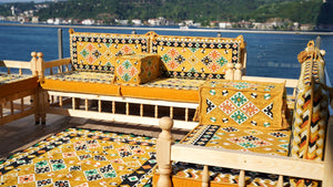 Yellow Traditional Wooden Bench Sofa Sets, Outdoor Furniture, Arabic Seating Jalsah, Corner Sofa Set, Bohemian Furniture, Arabic Jalsah, Floor Cushion Set