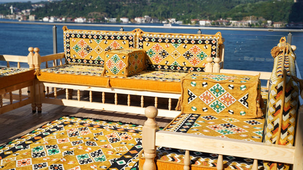 Yellow Traditional Wooden Bench Sofa Sets, Outdoor Furniture, Arabic Seating Jalsah, Corner Sofa Set, Bohemian Furniture, Arabic Jalsah, Floor Cushion Set