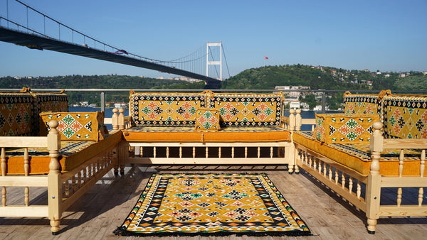 Yellow Traditional Wooden Bench Sofa Sets, Outdoor Furniture, Arabic Seating Jalsah, Corner Sofa Set, Bohemian Furniture, Arabic Jalsah, Floor Cushion Set