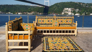 Yellow Traditional Wooden Bench Sofa Sets, Outdoor Furniture, Arabic Seating Jalsah, Corner Sofa Set, Bohemian Furniture, Arabic Jalsah, Floor Cushion Set