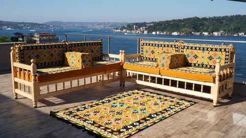 Yellow Traditional Wooden Bench Sofa Sets, Outdoor Furniture, Arabic Seating Jalsah, Corner Sofa Set, Bohemian Furniture, Arabic Jalsah, Floor Cushion Set