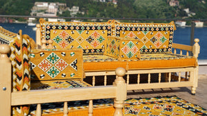 Yellow Traditional Wooden Bench Sofa Sets, Outdoor Furniture, Arabic Seating Jalsah, Corner Sofa Set, Bohemian Furniture, Arabic Jalsah, Floor Cushion Set