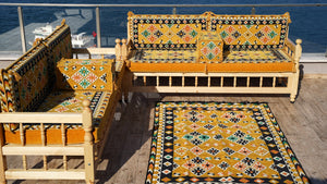 Yellow Traditional Wooden Bench Sofa Sets, Outdoor Furniture, Arabic Seating Jalsah, Corner Sofa Set, Bohemian Furniture, Arabic Jalsah, Floor Cushion Set
