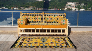 Yellow Traditional Wooden Bench Sofa Sets, Outdoor Furniture, Arabic Seating Jalsah, Corner Sofa Set, Bohemian Furniture, Arabic Jalsah, Floor Cushion Set