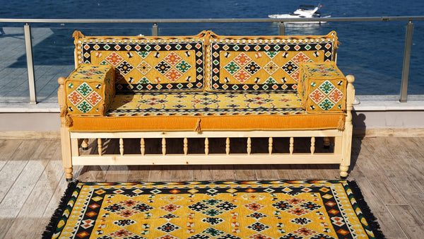 Yellow Traditional Wooden Bench Sofa Sets, Outdoor Furniture, Arabic Seating Jalsah, Corner Sofa Set, Bohemian Furniture, Arabic Jalsah, Floor Cushion Set