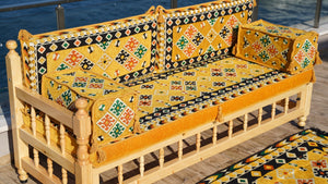 Yellow Traditional Wooden Bench Sofa Sets, Outdoor Furniture, Arabic Seating Jalsah, Corner Sofa Set, Bohemian Furniture, Arabic Jalsah, Floor Cushion Set