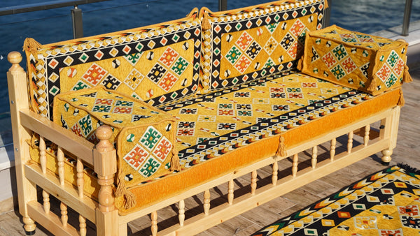 Yellow Traditional Wooden Bench Sofa Sets, Outdoor Furniture, Arabic Seating Jalsah, Corner Sofa Set, Bohemian Furniture, Arabic Jalsah, Floor Cushion Set