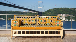 Yellow Traditional Wooden Bench Sofa Sets, Outdoor Furniture, Arabic Seating Jalsah, Corner Sofa Set, Bohemian Furniture, Arabic Jalsah, Floor Cushion Set