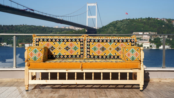 Yellow Traditional Wooden Bench Sofa Sets, Outdoor Furniture, Arabic Seating Jalsah, Corner Sofa Set, Bohemian Furniture, Arabic Jalsah, Floor Cushion Set