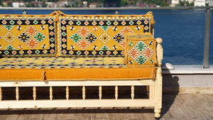 Yellow Traditional Wooden Bench Sofa Sets, Outdoor Furniture, Arabic Seating Jalsah, Corner Sofa Set, Bohemian Furniture, Arabic Jalsah, Floor Cushion Set