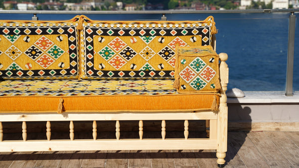 Yellow Traditional Wooden Bench Sofa Sets, Outdoor Furniture, Arabic Seating Jalsah, Corner Sofa Set, Bohemian Furniture, Arabic Jalsah, Floor Cushion Set