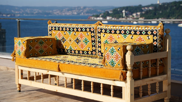 Yellow Traditional Wooden Bench Sofa Sets, Outdoor Furniture, Arabic Seating Jalsah, Corner Sofa Set, Bohemian Furniture, Arabic Jalsah, Floor Cushion Set