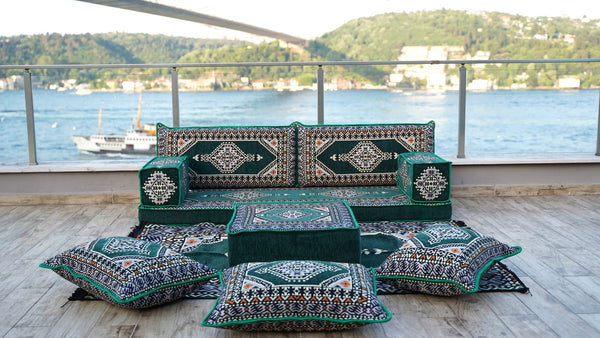 Green Palace Elegance: Single Floor Sofa Set – Arabic Majlis Sofa – Custom Floor Couch Seating – Traditional Floor Cushions