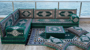 Green Moroccan Home Decor Cushion, 4" Thickness Corner Floor Seating Set, L Shaped Floor Couch, Sectional Sofa Set