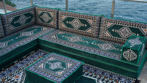 Green Moroccan Home Decor Cushion, 4" Thickness Corner Floor Seating Set, L Shaped Floor Couch, Sectional Sofa Set
