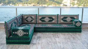 Green Moroccan Home Decor Cushion, 4" Thickness Corner Floor Seating Set, L Shaped Floor Couch, Sectional Sofa Set