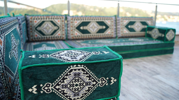 Green Moroccan Home Decor Cushion, 4" Thickness Corner Floor Seating Set, L Shaped Floor Couch, Sectional Sofa Set