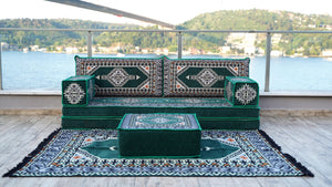 طقم كنب أرضي أخضر، كنب مقسم، طقم كنب أرضي عربي، سجادة يوغا للتأمل، سرير أريكة فوتون، أريكة مع أريكة عثمانية وسجادة