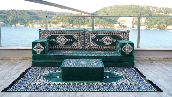 طقم كنب أرضي أخضر، كنب مقسم، طقم كنب أرضي عربي، سجادة يوغا للتأمل، سرير أريكة فوتون، أريكة مع أريكة عثمانية وسجادة