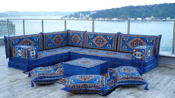 Royal blue Kirsehir Motif pattern L-shaped corner Arabic floor sofa set, photo 10 of 16