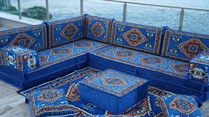 Royal blue Kirsehir Motif pattern L-shaped corner Arabic floor sofa set, photo 11 of 16