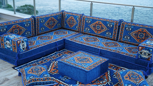 Royal blue Kirsehir Motif pattern L-shaped corner Arabic floor sofa set, photo 11 of 16