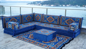 Royal blue Kirsehir Motif pattern L-shaped corner Arabic floor sofa set, photo 12 of 16