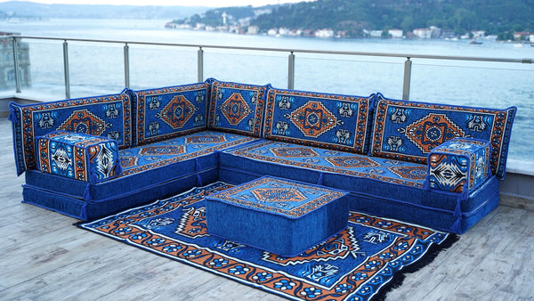 Royal blue Kirsehir Motif pattern L-shaped corner Arabic floor sofa set, photo 12 of 16