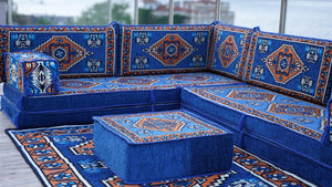 Royal blue Kirsehir Motif pattern L-shaped corner Arabic floor sofa set, photo 13 of 16