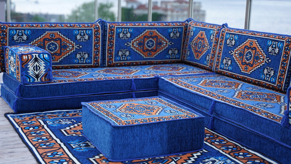 Royal blue Kirsehir Motif pattern L-shaped corner Arabic floor sofa set, photo 13 of 16
