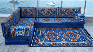 Royal blue Kirsehir Motif pattern L-shaped corner Arabic floor sofa set, photo 15 of 16