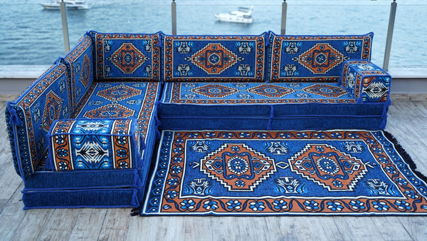 Royal blue Kirsehir Motif pattern L-shaped corner Arabic floor sofa set, photo 15 of 16