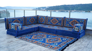 Royal blue Kirsehir Motif pattern L-shaped corner Arabic floor sofa set, photo 14 of 16