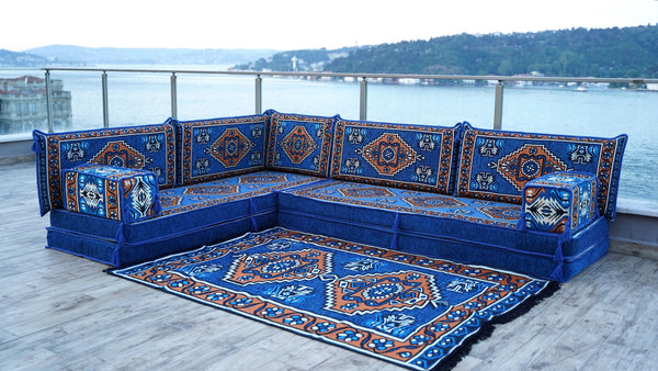 Royal blue Kirsehir Motif pattern L-shaped corner Arabic floor sofa set, photo 14 of 16