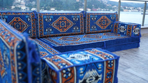 Royal blue Kirsehir Motif pattern L-shaped corner Arabic floor sofa set, photo 17 of 17