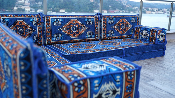 Royal blue Kirsehir Motif pattern L-shaped corner Arabic floor sofa set, photo 17 of 17