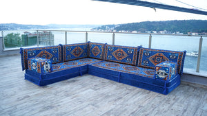Royal blue Kirsehir Motif pattern L-shaped corner Arabic floor sofa set, photo 16 of 16