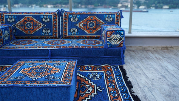 Blue Kirsehir Motif pattern single Arabic floor sofa set, photo 13 of 16