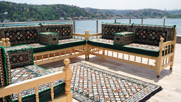 U Shape Patio Furniture, Wooden Bench Sofa Sets, Arabic Majlis Set, Outdoor Furniture, Yemeni Majlis Set, Floor Cushion Set, Handmade Wooden Bench