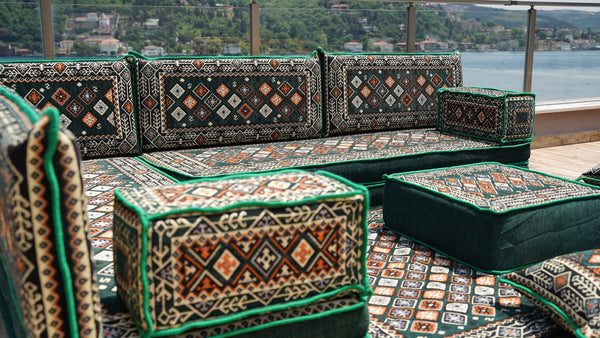 Green Chile Sunset pattern L-shaped corner Arabic floor sofa set, photo 11 of 16