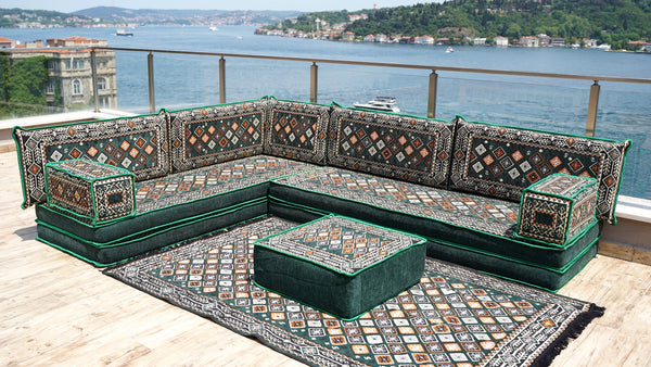 Green Chile Sunset pattern L-shaped corner Arabic floor sofa set, photo 12 of 16
